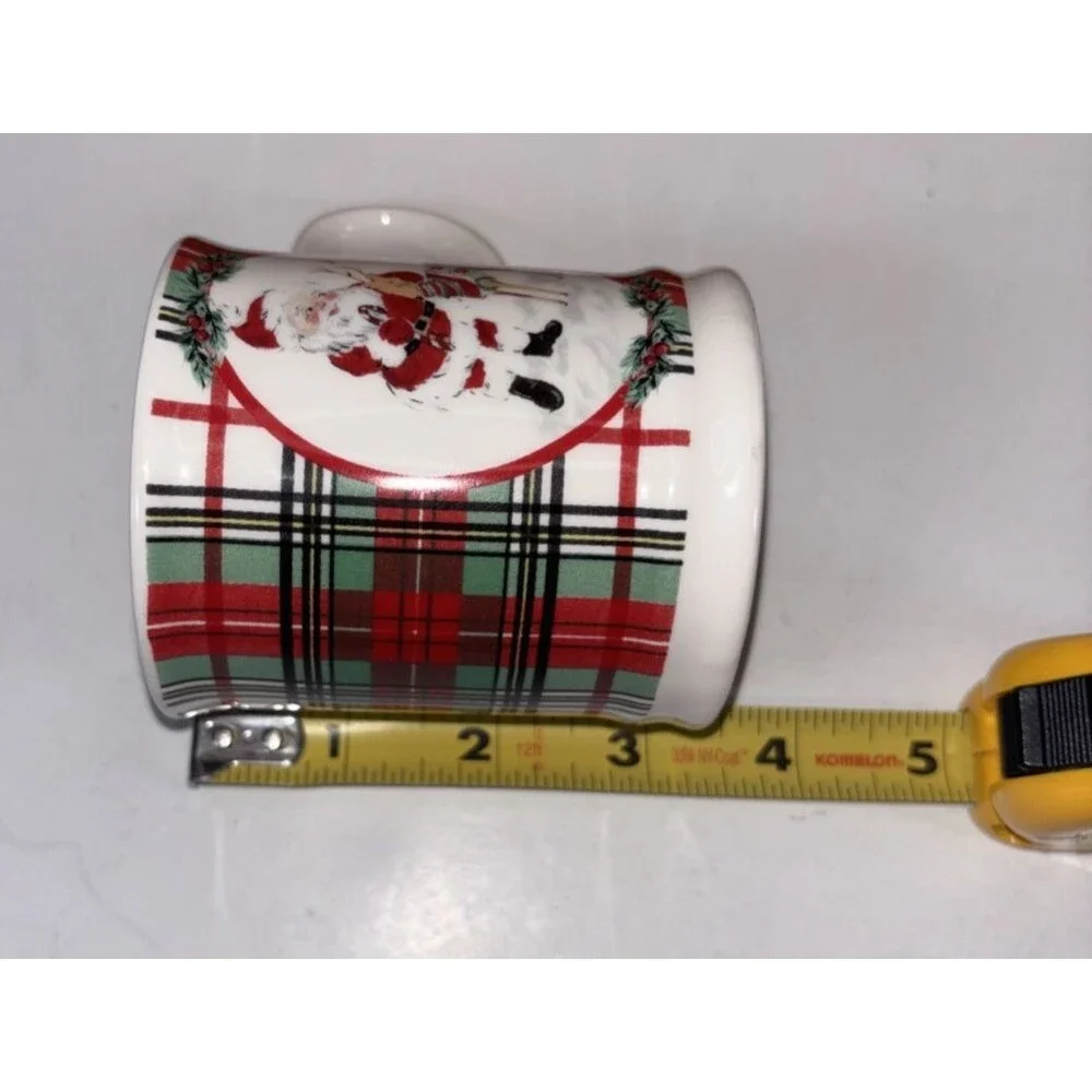 Sur La Table Santa Reindeer Green & Red Plaid Christmas 5 oz Mini Mugs Set of 2